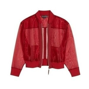 GSTQ Sheer Bomber Jacket In Port Red Mesh Organza S